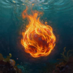 a ball of fire turning slowly deep underwater, highly detailed, oil painting, underwater plant life in the background, rays of light