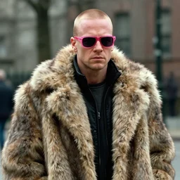 film still of Joseph Gordon-Leavitt as Tyler Durden wearing big fur coat and pink sunglasses in Fight Club 1999