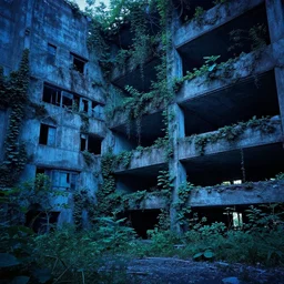 an abandoned brutalist building covered by plants, cold blue cinematic lights, vivid lighting, fantasy, by tuomas korpi and greg rutkowski and jonas de ro