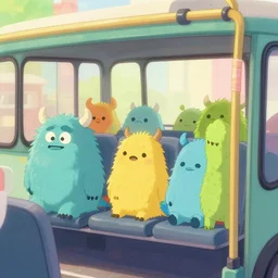 cute little monsters sitting in a bus, fantasy, concept art, artstation, disney, pixar, dreamworks, anime, tyler edlin, feng zhu, jason chan, thomas karpi
