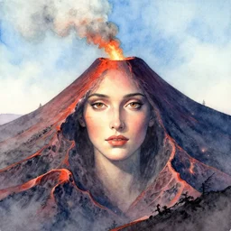 highly detailed watercolor, epic volcano scene, light - blue sky, ambient light, magic realism, mysterious, vivid colors, by charles vess, anato finnstark, cinematic lighting, beautiful face by leyendecker