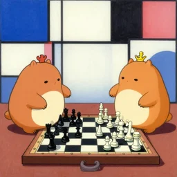 two furbies playing chess but the board is a mondrian painting