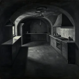 volumetric shadows, volumetric lighting, black goya painting, el greco, curved perspective, naive, extra narrow, by rhads, an underground kitchen with large floor, antoni gaudi
