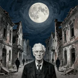 old white - headed man under the huge moon on a street of ruined city by beksinski and takato yamamoto and austin osman spare and edward hopper and mark ryden, very coherent, baroque elements
