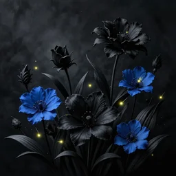 beautiful digital matte painting of whimsical botanical illustration black and blue flowers with fireflies enchanted dark background dark contrast by android jones