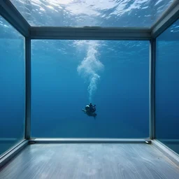 a glass room overlooking an ocean dropoff, underwater,