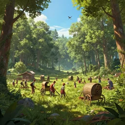 wide shot of amish raising a community in the forest, concept art from the game borderlands, drawn by rembrandt, lush greens, birds flying, volumetric lighting, 8 k, trending on artstation, bright blue sky, highly detailed, professional digital painting, stunning, gorgeous, epic, cinematic