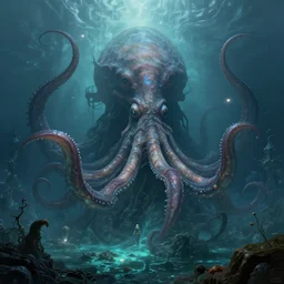 shapeshifting psychedelic alien otherworldly eldritch cosmic intergalactic eldritch cosmic horror cthulhu subglacial lake submerged massive colossal leviathan squid, by dzo olivier scott fischer gustave dore james gurney artstation rutowski godmachine victo ngai hyperrealism photo - realistic photography