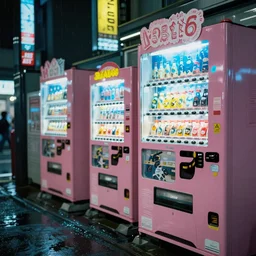 Analog photo in Tokyo, pink vending machines in the background, cyan blue and bright yellow neon signs, at night, rain, ambient lights, depth of field, high contrast