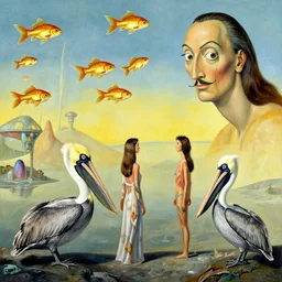 a beautiful abstract with goldfish, pelicans and a human couple in an alien landscape by salvador dali and gerald brom