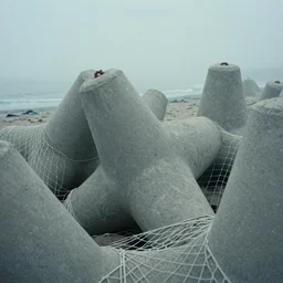 huge concrete tetrapods sits inside on the white net, on sand sea coast, on the low fog, film still from the movie directed by denis villeneuve with art direction by zdzisław beksinski, parts by denis villeneuve close up, telephoto lens, shallow depth of field