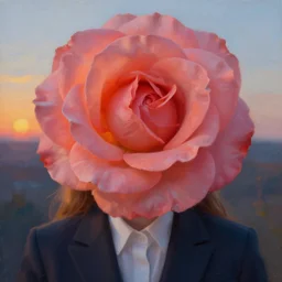 closeup, huge rose flower face, frontal, girl in a suit, surreal photography, sunrise, dramatic light, impressionist painting, digital painting, artstation, simon stalenhag
