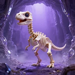 full shot portrait of cute dinosaur skeleton in crystal cave, inspired by Tim Burton, Norihiro Yagi, Marc Simonetti, Amano, Juri Misaki, detailed, unreal engine 4k volumetric light, fog, purple color palette