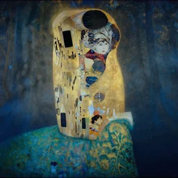 a dark foggy golden blue forest, eerie, pulsating , Ernst Haeckel, Klimt, Henri Rousseau, film still by wes anderson
