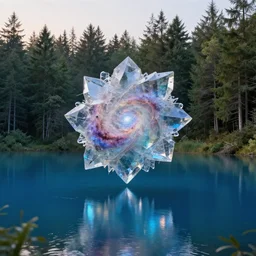floating abstract crystal sculpture of a nebula above a clear blue lake in the middle of an evergreen forest at dawn