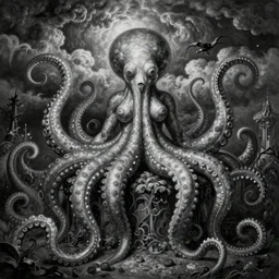 By Tom Bagshaw, ultra realist soft painting of curiosities carnival by night, very beautiful bodysuit tentacles, symmetry accurate features, very intricate details, ominous sky, black and white, volumetric light clouds