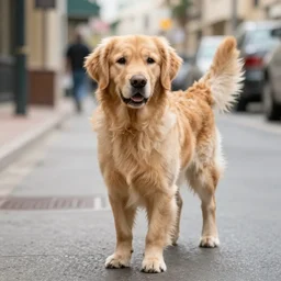 golden retriever dog walking in tel aviv street looking at the camera. palm trees. realistic. sunset. high quality. digital art. watercolor. highly detailed. drawing. art. colorful. fluffy