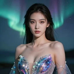 asian sky goddess portrait, wearing a low cut dress made of aurora, energy space, cosmic, stars, flares, art by artgerm, wlop, loish, ilya kuvshinov, 8 k realistic, hyperdetailed, beautiful lighting, detailed background, depth of field, symmetrical face, frostbite 3 engine, cryengine,