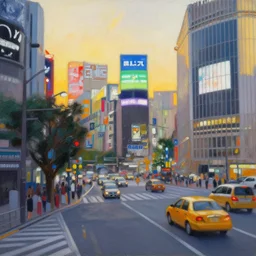 an edward hopper style painting of a busy road in tokyo shibuya, sunset