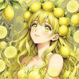 the portrait of an absurdly beautiful, graceful, elegant, sophisticated, cute young teen anime girl made up of lemons looking up smiling, an ultrafine hyperdetailed illustration by kim jung gi, irakli nadar, intricate linework, bright colors, octopath traveler, final fantasy, unreal engine 5 highly rendered, global illumination, radiant light, detailed and intricate environment