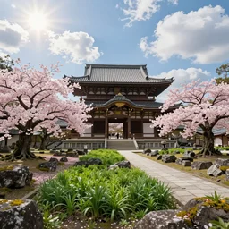 An ancient shinto temple from Feudal Japan::8 cherry blossom trees::6 temple ruins::7 plant vegetation::5 fluffy clouds::3 sun rays::2 hyper realistic, high details, vivid colors, intricate details, artstation, octane, 8k