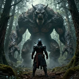 demon hunter standing in front of a huge monster in the forest, in the style of francisco goya