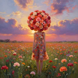 head made of carnations flower, full body, girl standing in a flower field, surreal photography, sunrise dramatic light, impressionist painting, colorful clouds, digital painting, artstation, simon stalenhag, flower face