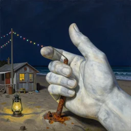 painting by dean cornwell, ilya repin, nc wyeth painting, ultra wide, vanishing point, 3 d perspective, stranded, beached giant white marble hand, award winning, up close, climbing, beaching, rust, midnight, junk town, lanterns, makeshift house, colorful lightbulb festoon lights, telephone pole