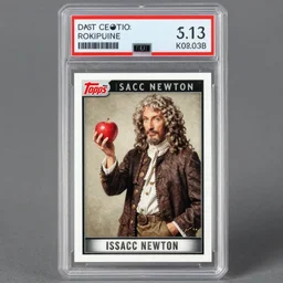 mint condition topps rookie card trending on ebay of Isaac Newton inventing calculus while holding a red apple
