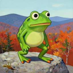 portrait of pepe the frog hiking franconia ridge new hampshire in autumn, artwork by etel adnan