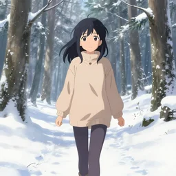 beautiful anime girl walking through a snowy forest, pixiv, beautiful scenery, pretty upper - body shot and highly detailed by makoto shinkai