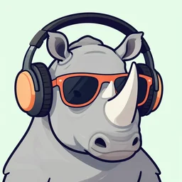 a close up of a beautiful rhino wearing shades and headphones, in retro colors, synthwave style, 2 d digital vector art