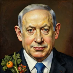 portrait of benjamin netanyahu face made of vegetables fruits flowers, by giuseppe arcimboldo