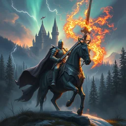 knight with armor lightnings fire elemental hyperrealism, in a world of fantasy with a big forest and a castle realistic artstation, cavalry wielding a greatsword elemental fire with electricity elemental, sky northern lights lightnings hyperrealism, hyperrealism by greg rutkowski