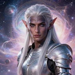 ( hyperrealistic portrait of a dark elf in an armor full of runes, the background is decorated with the universe ) by noah bradley, photorealistic, dynamic lighting, very detailed faces, trending on artstation, wallpaper, dream, 4 k, award winning, lovely pastel colors, ethereal, elegant