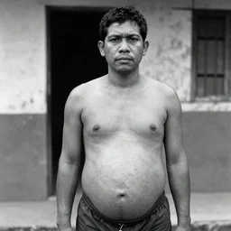 Black and white photo of a shirtless heavily pregnant male prisoner in the Philippines by Steve McCurry