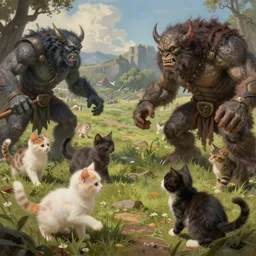 fantasy battlefield, cute kittens fighting orcs, fantasy intricate detailed, in style of gottfried helnwein concept art and digital painting, wayne barlow, fantasy realism artists,