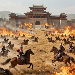 an imposing chinese - style scene with many soldiers in armor riding war horses fighting on the battlefield ， the plains burning with the fire of war ， full of details, matte painting, concept art, smooth ， trending on cgsociety and blender ， unreal engine ， 8 khdr ， light effect ， rtx on ， - h 6 4 0