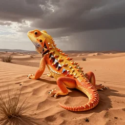 archdaily architectural photography of a fun building that looks like an orange and yellow lizard in the middle of a desert