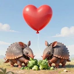 two armadillos eating broccolis, in the sky floats a red baloon in the shape of a heart, highly detailed, digital painting, sharp focus, fantasy art