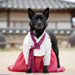a black dog wearing a hanbok by richard scary