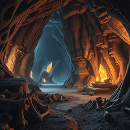 beautiful matte painting of a cave with glowing crystals on the walls and bone piles on the floor, fantasy, sharp focus