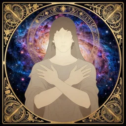 a portrait of a galaxy as an androgynous druid sp, arms across front, occult, ornate, minimal, bust by alphonse mucha, decorative art nouveau border, astrophotography, vast cosmos, digital illustration, trending on artstation