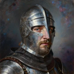 hyperrealism oil painting, close - up portrait of jon hamm, knight, steel gradient mixed with nebula sky, in style of baroque