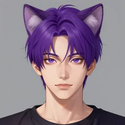 Portrait art of a young man with purple hair and cat ears by shinji aramaki