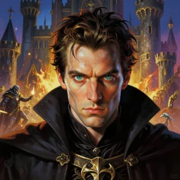 a highly detailed portrait of a male sorcerer with piercing eyes in bright vibrant and very detailed castle setting, dynamic light, ambient light, art by frank frazetta, artgerm, michael whelan, chris riddell, giger, beksinski