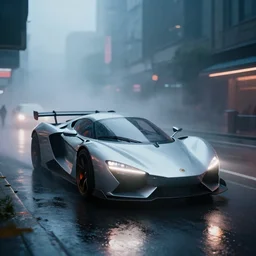 film still of a Futuristic supercar on wet city streets, mist, volumetric lighting, octane, cyberpunk