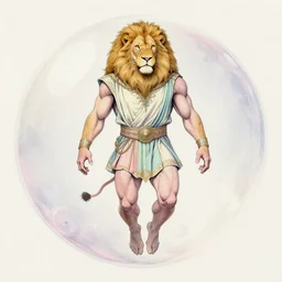 aesthetic portrait commission of a albino muscular, gay and attractive anthro lion wearing an attractive pastel greek outfit floating inside a floating soap bubble,  minimalistic art, hyperdetailed. Character design by charlie bowater, ross tran, artgerm, and makoto shinkai, detailed, inked, western comic book art, 2021 award winning painting