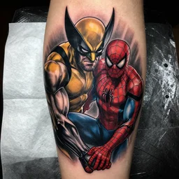 wolverine fighting spiderman tattoo, high detailed, high contrast, polkadot trash, artstation trending, 1 st place,