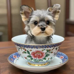 a small morkie dog with grey hair in a old beautiful tea cup designed in china with flower on it